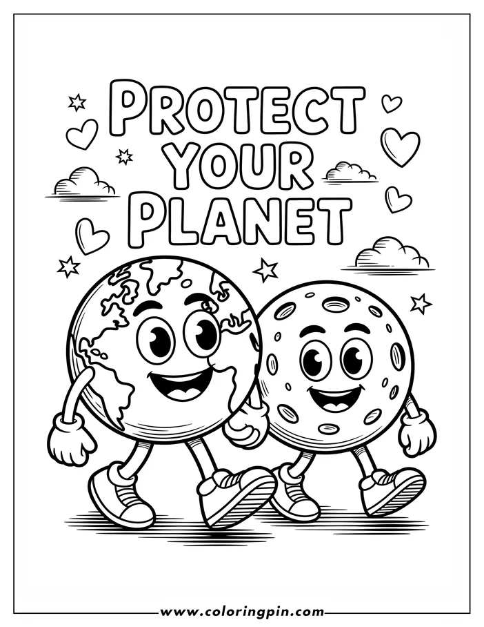 Line art for an Earth Day coloring page, depicting Earth and the moon holding hands and walking. They have smiling faces, arms, legs, and are wearing shoes. Clouds, stars, and hearts surround them, creating a cheerful and celebratory atmosphere.