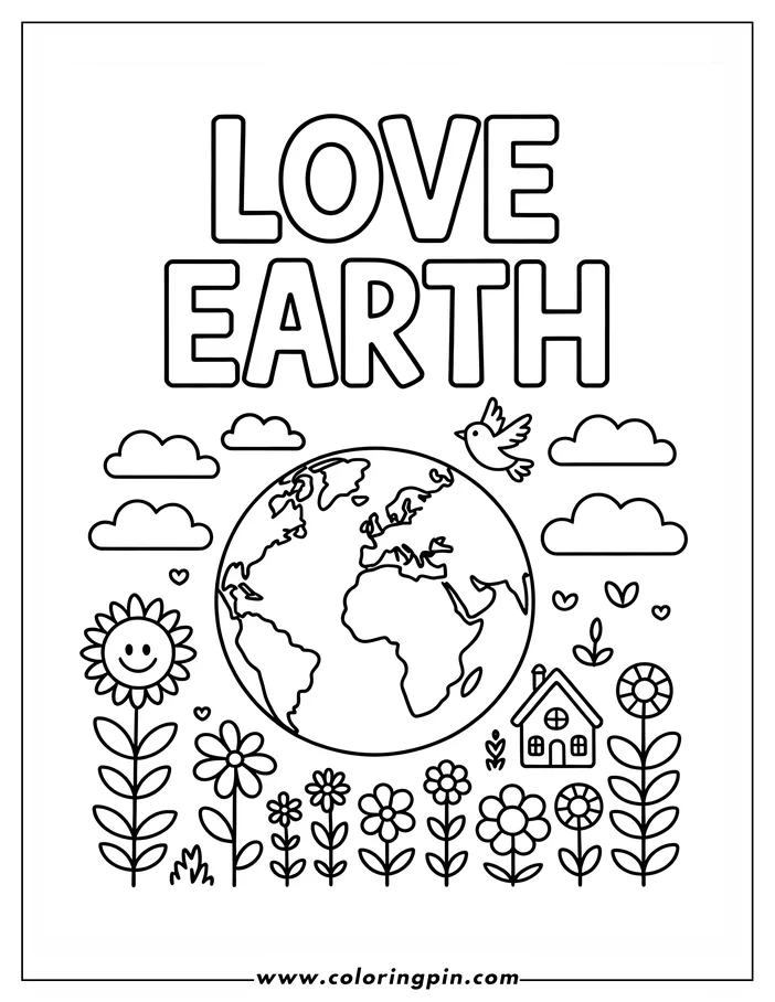Earth Day coloring page: A simple globe, representing Earth, is surrounded by clouds, a bird, flowers, grass, and a small house, all depicted in a line art style ready for coloring.