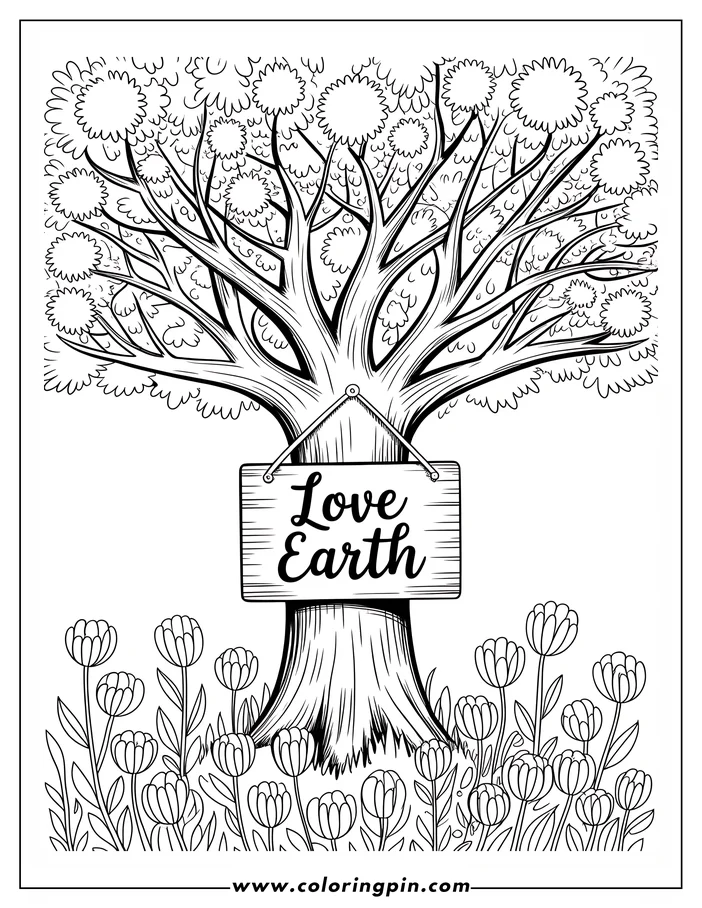 Line art of a tree with a sign that says "Love Earth" surrounded by flowers. This coloring page is perfect for celebrating Earth Day.