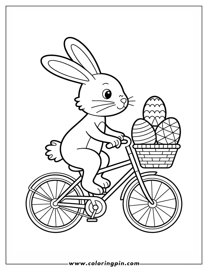 A simple line art drawing of an Easter Bunny riding a bicycle. The bunny has a basket on the handlebars filled with decorated eggs. It is a coloring sheet design.
