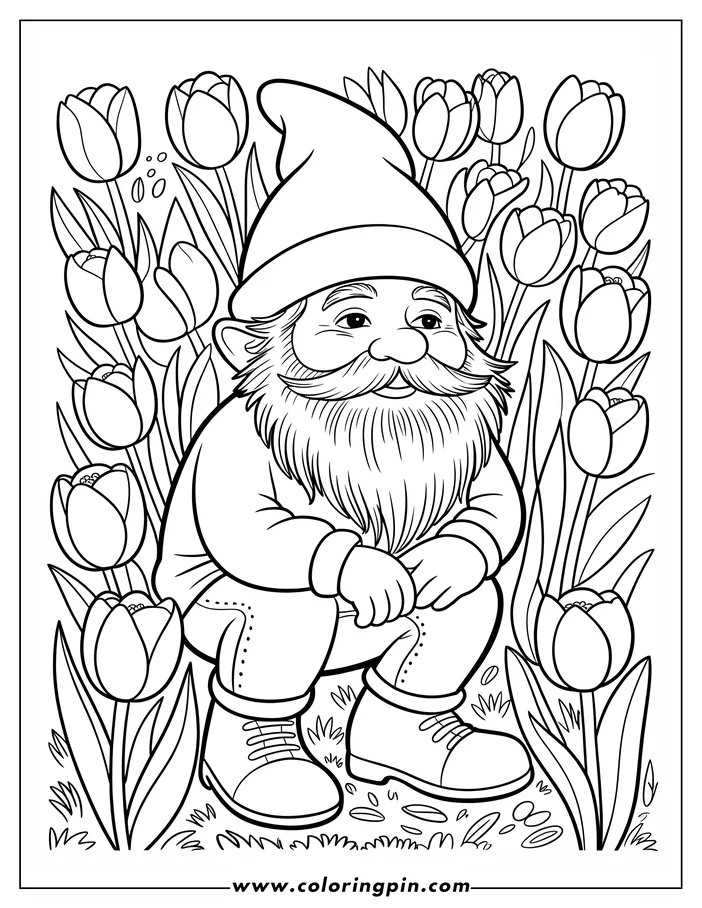 Whimsical garden gnome in a tulip patch coloring page, a charming spring printable for kids and adults.