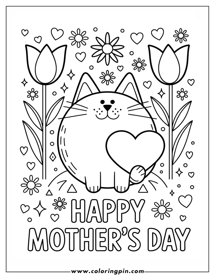 Line art illustration for a Mother's Day coloring page. A chubby cat sits holding a large heart between its front paws. Two tulips frame the cat, with decorative hearts, flowers, and abstract shapes filling the background. The words 'Happy Mother's Day' are written below the cat.