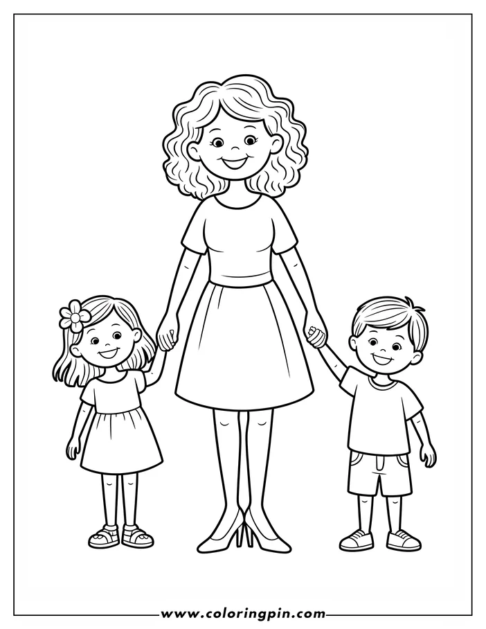 A line art illustration of a mother and her two children holding hands in a Mothers Day-themed coloring page. The mother has curly hair and a dress, while her daughter has a flower in her hair and wears a dress with sandals. The son wears a t-shirt with shorts and sneakers. This is a clean line drawing suitable for kids to color.