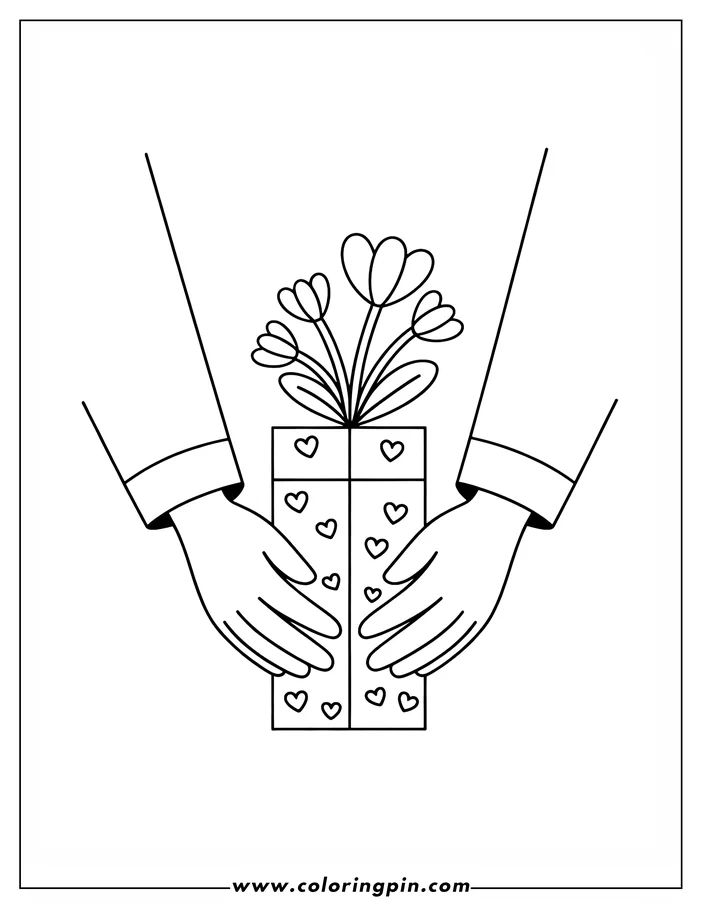 Line art of hands holding a Mother's Day gift decorated with hearts and topped with flowers with heart-shaped petals, designed as a coloring page.