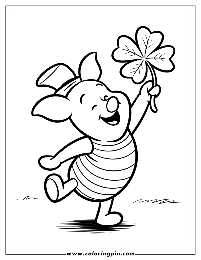 Line art of Piglet from Winnie the Pooh holding a four-leaf clover in celebration of St. Patrick's Day. Piglet is depicted smiling and wearing a hat and striped shirt, suitable for a St. Patrick's Day coloring page.