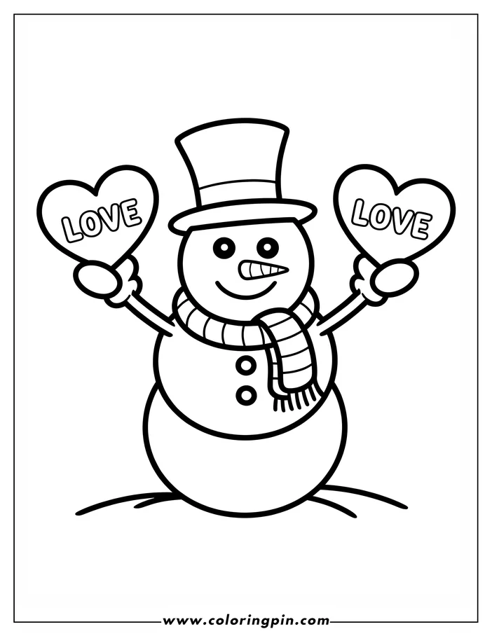 Outline of a snowman holding two hearts labeled 'LOVE', wearing a top hat and a striped scarf.