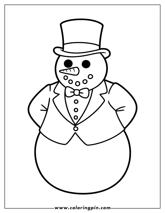 Outline of a snowman wearing a top hat, a jacket with buttons, and a bow tie.
