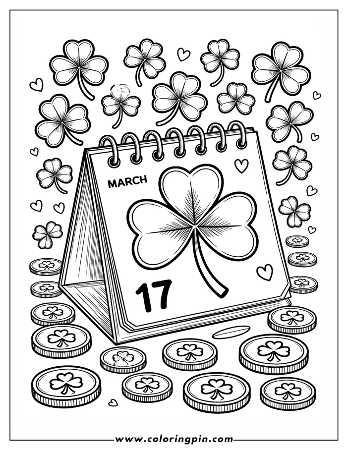 Line art of a St. Patrick's Day calendar showing March 17th with a shamrock on the page. Shamrocks, hearts, and coins decorated with shamrocks surround the calendar, creating a festive coloring sheet design.