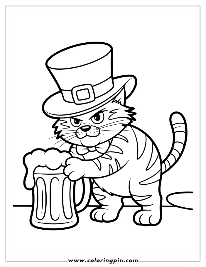 Line art of a cat wearing a St. Patrick's Day leprechaun hat and bow tie, holding a beer mug, ready for coloring. This coloring sheet design is perfect for celebrating St. Patrick's Day.