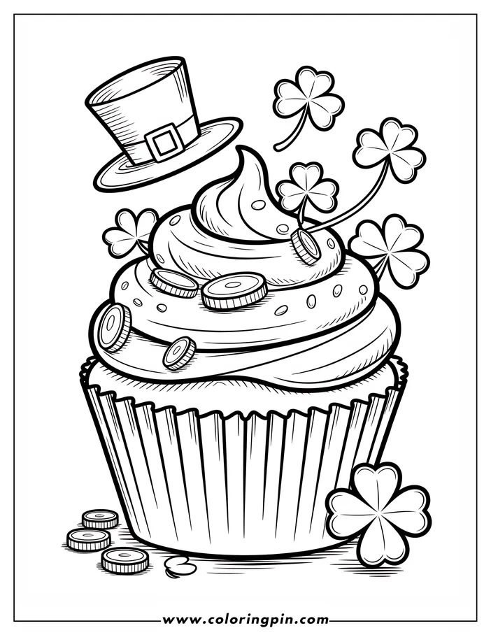 Line art of a St. Patrick's Day cupcake coloring page. The cupcake is decorated with frosting, shamrocks, gold coins, and a leprechaun hat. Perfect for celebrating St. Patrick's Day.