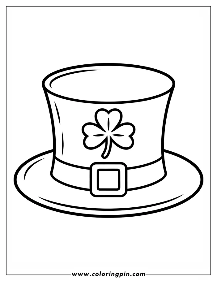 Line art of a St. Patrick's Day hat with a band, buckle, and shamrock, ready for coloring.