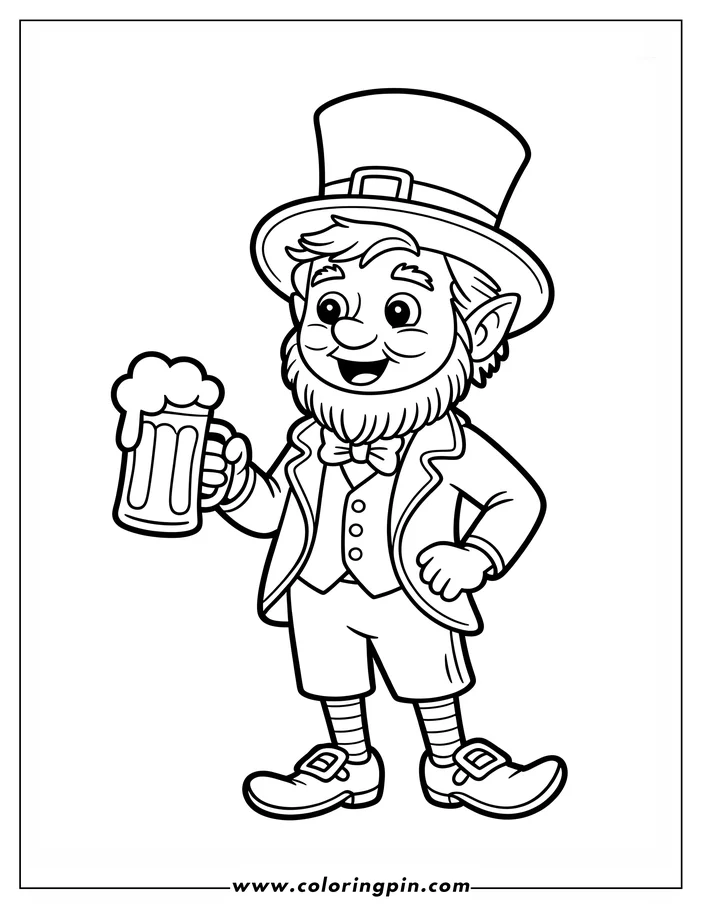 Line art of a St. Patrick's Day leprechaun holding a mug of beer. He's wearing a top hat and a festive outfit.  This is a coloring page design.
