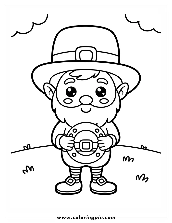 Line art of a St. Patrick's Day leprechaun holding a pot of gold. He wears a large hat, buckled shoes, and has a big, friendly smile. This coloring sheet design captures the spirit of the holiday.