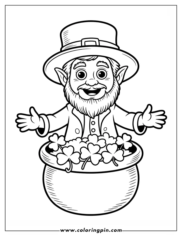 Line art of a St. Patrick's Day leprechaun with a pot of shamrocks. The leprechaun, wearing a hat, stands with outstretched arms behind a pot brimming with shamrocks. This is a coloring sheet design.