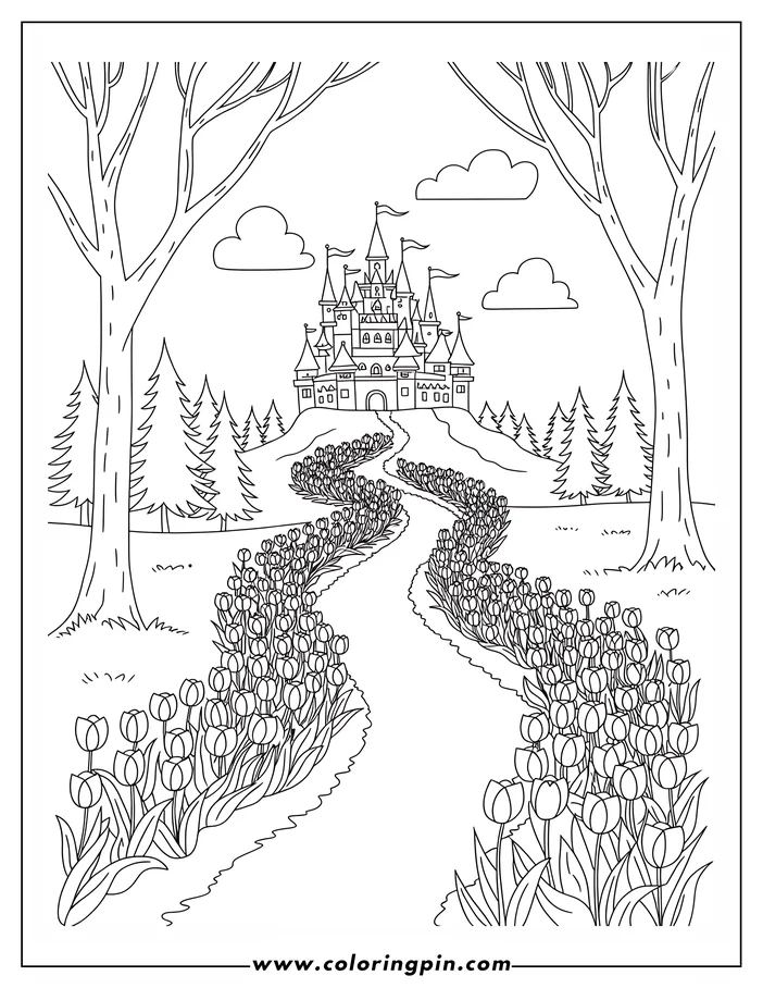 Whimsical tulip field leading to a castle coloring page, a printable fantasy flower coloring sheet for kids and adults.