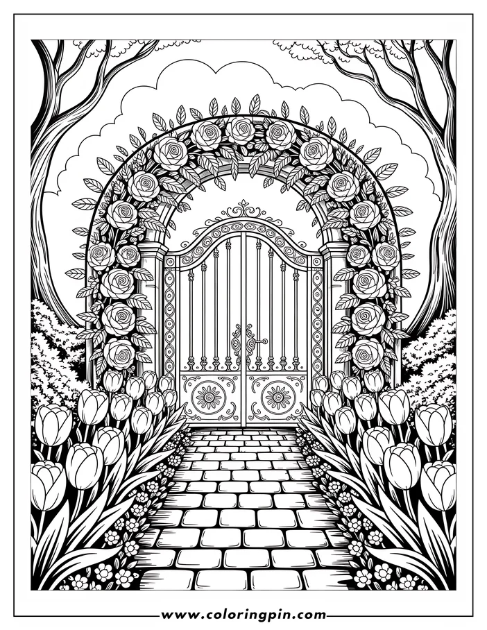 Detailed tulip and rose garden gate coloring page, a printable line art drawing for kids and adults who love flowers and gardens.