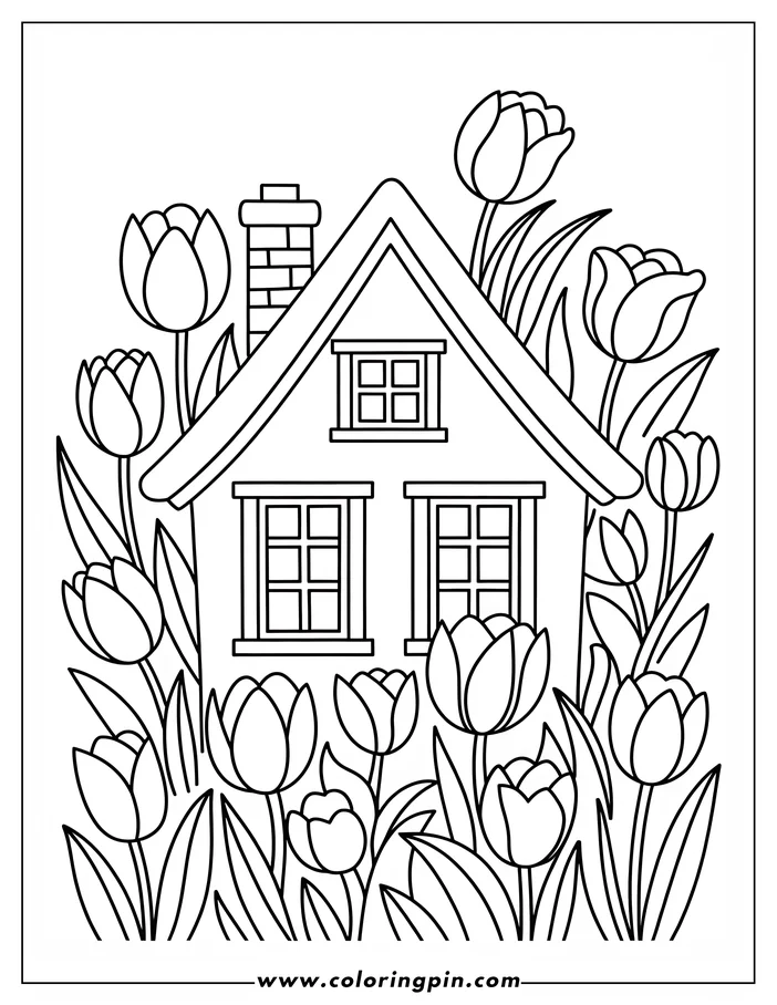 Cute house surrounded by tulips coloring page, a simple flower and building coloring sheet for kids, free and printable.