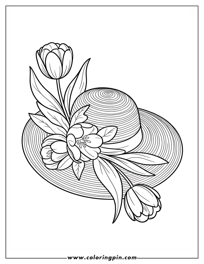 Tulip on hat coloring page, a simple flower coloring sheet for kids and adults, free and printable.