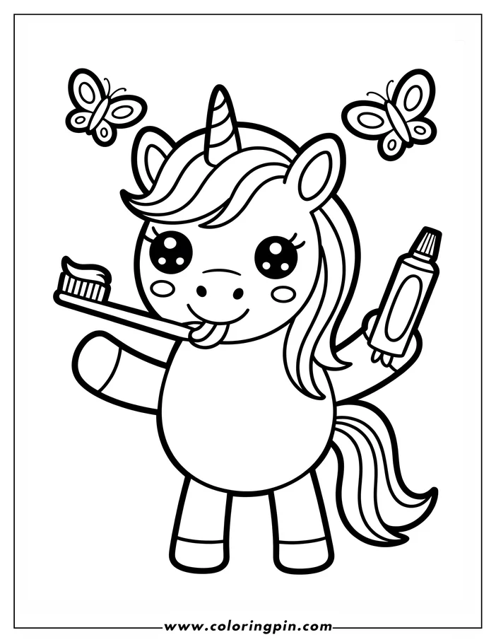 Line art of a unicorn brushing its teeth with toothpaste. The unicorn has large eyes, a striped horn, and a flowing mane. Butterflies flutter nearby. The image is a coloring sheet design.