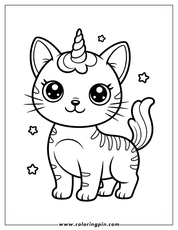 Simple, cute line art of a unicorn cat, with large eyes and a swirly horn, ready for coloring. Small stars surround the cat.