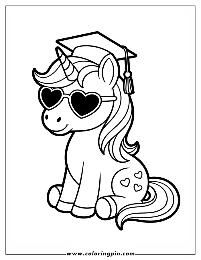 Line art of a unicorn wearing a graduation cap and heart-shaped sunglasses. The unicorn is sitting and has a simple, friendly expression. Its mane is wavy and there are three hearts on its hindquarters. This is a design for a coloring page.