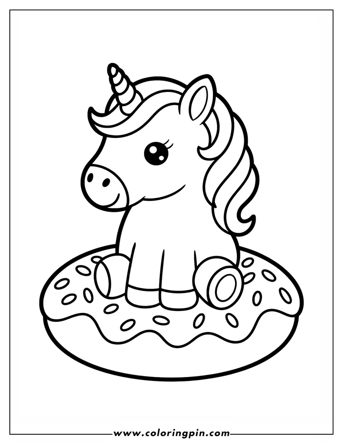 Simple coloring sheet design of a unicorn sitting on a donut. The unicorn has a spiral horn, a wavy mane, and large eyes. The donut has frosting and sprinkles. Perfect for a whimsical coloring activity.