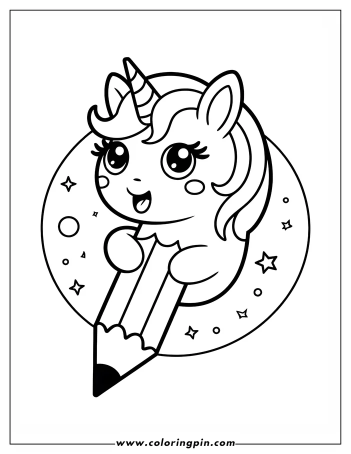 Line art of a kawaii unicorn sitting on a pencil, surrounded by stars and circles, designed as a coloring sheet.
