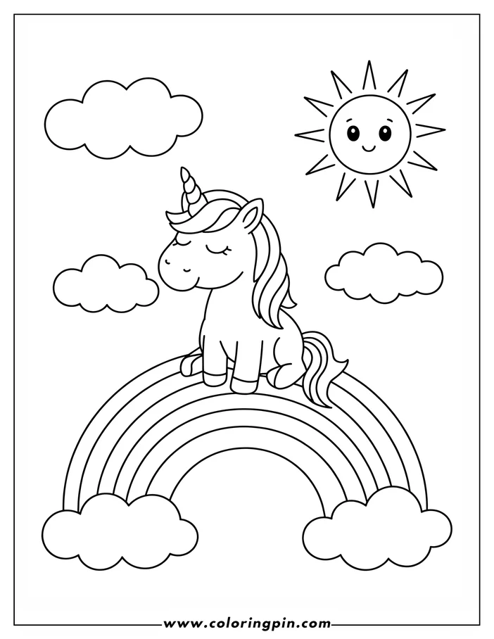 Line art of a unicorn sitting on a rainbow with clouds and a smiling sun, designed as a coloring sheet.