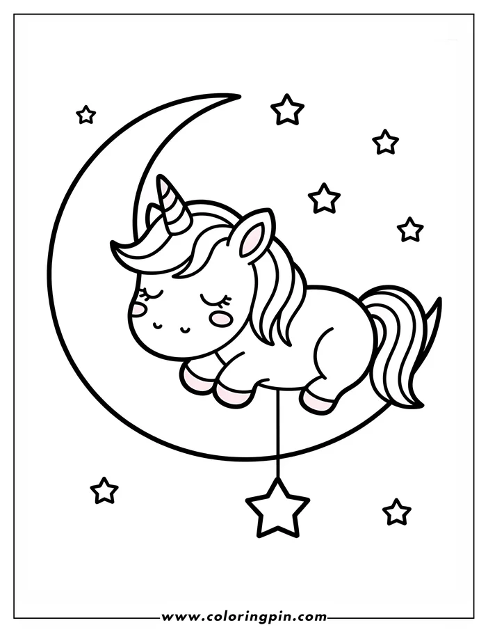 Simple line art of a unicorn sleeping peacefully on a crescent moon. The unicorn has a striped horn, a flowing mane, and closed eyes. Several small stars twinkle around the moon, and a larger star dangles from the moon's bottom tip, creating a dreamy, celestial scene for coloring.
