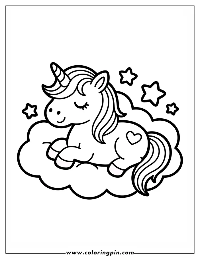 Line art of a unicorn sleeping on a cloud. The unicorn has a striped horn, closed eyes, and a flowing mane.  A heart decorates its flank, and several stars surround the cloud. This is a design for a coloring page.