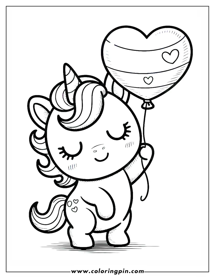 A line art drawing of a unicorn holding a heart-shaped balloon. The unicorn has closed eyes and a gentle expression. The balloon has stripes and hearts on it. This is a coloring page design.