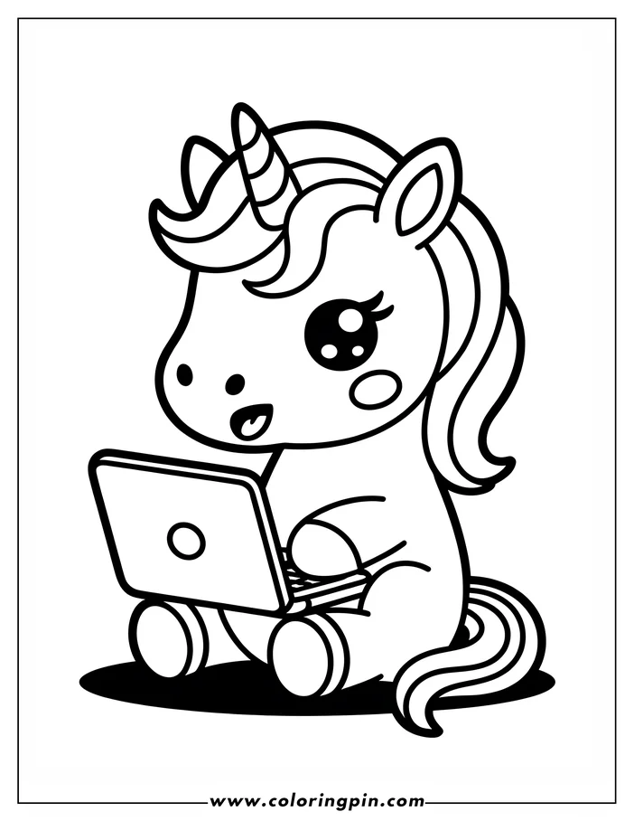 Line art of a kawaii unicorn using a laptop. The unicorn has a striped horn, large, expressive eyes, and a flowing mane. This simple drawing is designed as a coloring page for kids.